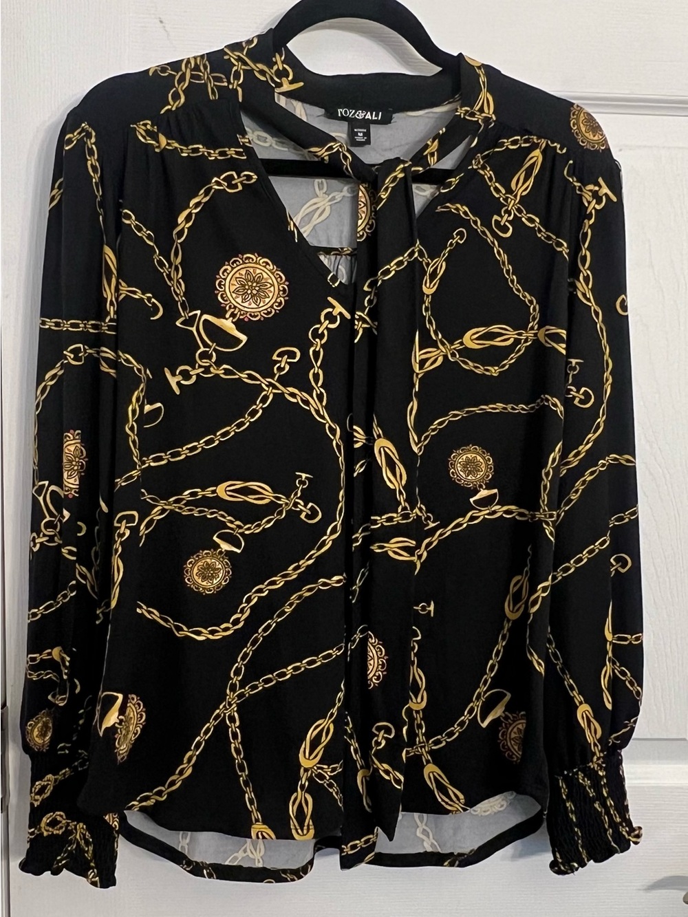 Roz & Ali Black and Gold Chain-Print Tie-Neck Top